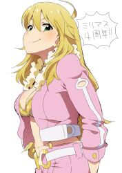 1girl blonde_hair hoshii_miki idolmaster idolmaster_(classic) idolmaster_million_live! looking_at_viewer nanakura_nanane simple_background smile sweater tagme