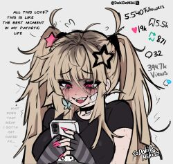 1girl absurdres artist_name black_choker black_gloves black_shirt blonde_hair blush breasts butterfly_earrings cellphone choker commentary crying crying_with_eyes_open dokidomiki earrings english_commentary english_text fangs fingerless_gloves fingernails flying_sweatdrops gauze gauze_on_cheek gauze_on_face gloves grey_gloves hair_between_eyes hair_ornament half-closed_eyes highres holding holding_phone jewelry large_breasts long_fingernails long_hair looking_at_phone makeup mascara messy_hair mole mole_under_mouth nail_polish open_mouth original phone pink_eyes pink_nails raised_inner_eyebrows runny_makeup shirt short_sleeves simple_background smartphone smile solo star_(symbol) star_hair_ornament striped_clothes striped_gloves talking tears twitter_username twitter_x_logo two-tone_gloves two_side_up upper_body white_background