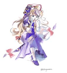 1990s_(style) 1girl 6osquet blonde_hair dress elbow_gloves full_body gap_(touhou) gloves hair_ribbon hands_on_own_face hat long_hair mob_cap open_mouth purple_dress purple_shoes retro_artstyle ribbon shoes short_sleeves sitting smile socks solo teeth touhou twitter_username upper_teeth_only very_long_hair white_gloves white_socks yakumo_yukari