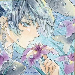 1boy amu_(m_aa) black_eyes black_hair black_shirt bubble commentary_request dated earrings flower jewelry koi male_focus original painting_(medium) parted_lips pinwheel_earrings portrait purple_flower shirt short_hair signature solo traditional_media underwear watercolor_(medium)