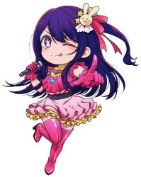 1girl ;p blush boots bright_pupils chibi chibi_only closed_mouth dress eyelashes floating_hair gloves hair_between_eyes hair_ornament hair_ribbon hands_up high_heel_boots high_heels holding holding_microphone hoshino_ai idol idol_clothes index_finger_raised knees_together_feet_apart long_hair looking_at_viewer microphone one_eye_closed one_side_up oshi_no_ko petticoat pink_boots pink_dress pink_gloves pointing pointing_at_viewer purple_eyes purple_hair rabbit_hair_ornament red_ribbon ribbon short_dress simple_background smile solo split_mouth standing standing_on_one_leg star-shaped_pupils star_(symbol) sukiyaki_(sukiyaki-jp) symbol-shaped_pupils tareme thigh_boots thighhighs tongue tongue_out transparent_background v-shaped_eyebrows white_pupils zettai_ryouiki