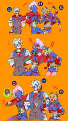 ! !! +++ 1girl 2boys :d :o ^_^ animal_ear_fluff animal_ears arm_behind_back arm_belt arm_up arms_behind_back belt belt_buckle billy_kid black_belt black_choker black_gloves black_hair black_horns black_pants blush body_fur breast_pocket breasts buckle buttons caesar_king_(zenless_zone_zero) chest_guard choker clenched_hands closed_eyes collared_vest commentary_request cowboy_shot cropped_jacket crossed_belts cup cyborg disposable_cup double-breasted drinking_straw eyepatch fingerless_gloves flying_sweatdrops fur-trimmed_jacket fur_trim furry furry_male gloves green_hair grey_pants grey_vest hair_between_eyes hair_intakes hair_ornament hand_on_own_hip hand_up hands_up highres holding holding_cup horns jacket jacket_on_shoulders lapels large_breasts long_hair long_sleeves looking_at_another looking_to_the_side low_ponytail mizu_cx multicolored_hair multiple_boys multiple_views muzzle_(mask) notice_lines one_eye_covered open_clothes open_jacket open_mouth orange_background pants pocket ponytail red_eyes red_jacket shirt short_hair short_sleeves sidelocks simple_background smile smiley_face speech_bubble spiked_hair spoken_character standing star_(symbol) streaked_hair studded_belt surprised tail tail_belt thigh_strap v-shaped_eyebrows vest von_lycaon white_belt white_fur white_hair white_shirt wide-eyed wolf_boy wolf_ears wolf_tail x_hair_ornament yellow_eyes zenless_zone_zero