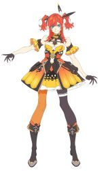 Rule 34 | 1girl, asymmetrical legwear, bare shoulders, belt pouch, black boots, black bow, black choker, black gloves, black pantyhose, blue eyes, boots, bow, choker, closed mouth, dress, eyes visible through hair, fingernails, flat color, frilled choker, frilled dress, frills, full body, gloves, gradient clothes, gradient dress, hair bow, half gloves, heart, highres, hoe-l, long fingernails, long hair, looking at viewer, mismatched legwear, off shoulder, orange dress, orange hair, orange legwear, original, pantyhose, pouch, sharp fingernails, simple background, sketch, skindentation, smile, solo, standing, twintails, very long fingernails, yellow dress