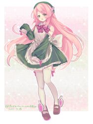 apron back_bow beret border bow bowtie brown_shoes dated dress flat_chest full_body green_dress green_eyes green_hair hair_ornament hairclip hand_up hat headphones highres layered_dress long_hair looking_at_viewer mary_janes momone_momo open_mouth pink_background pink_bow pink_bowtie pink_hair pink_tattoo purazumarokku shoes shoulder_tattoo sleeveless sleeveless_dress sleeves_past_fingers sleeves_past_wrists tattoo thighhighs twitter_username utau very_long_hair very_long_sleeves white_apron white_border white_thighhighs