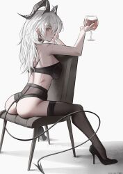 1girl absurdres artist_name ass black_bra black_horns black_shoes black_tail black_thighhighs bra breasts commentary cup curled_horns demon_tail drinking_glass earrings eric_tran grey_hair high_heels highres holding holding_cup horns jewelry key_earrings large_breasts long_hair looking_at_viewer on_chair parted_lips red_eyes shoes sitting sitting_backwards solo tacet_mark_(wuthering_waves) tail thighhighs thighs underwear wuthering_waves zani_(wuthering_waves)