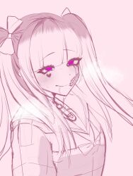 amemiya_darumi black_hair blush closed_mouth drooling eyelashes face_piercing heart highres lip_piercing makeup multicolored_hair piercing pink_background pink_eyes runny_makeup safety_pin saliva simple_background smile the_hundred_line_-last_defense_academy- twintails upper_body