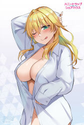 1girl ;p arm_behind_head arm_up artist_name blonde_hair breasts cleavage copyright_logo green_eyes hair_between_eyes hair_intakes half-closed_eyes honey_trap_shared_house kouzuki_kouichi large_breasts long_hair maria_rockwell naked_shirt no_bra no_panties official_art one_eye_closed pinching_sleeves second-party_source shirt simple_background sleeves_past_wrists solo thick_eyebrows tongue tongue_out triangle_background unbuttoned unbuttoned_shirt white_shirt