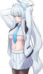 1girl absurdres adjusting_hair arms_up black_pantyhose blue_archive blue_necktie blush breasts coat halo headgear highres large_breasts long_hair miniskirt mouth_hold navel necktie noa_(blue_archive) ogura_toast open_clothes open_coat pantyhose pleated_skirt ponytail purple_eyes see-through_clothes see-through_shirt shirt simple_background skirt solo underboob very_long_hair wet wet_clothes wet_shirt white_background white_coat white_hair white_halo white_shirt white_skirt