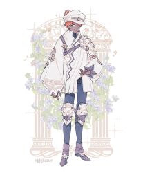 1boy boots bow character_name dark_skin floral_background flower full_body green_eyes hat knee_armor lemon89h long_sleeves looking_at_viewer male_focus original pants parted_lips rococo_movement solo standing