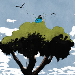 1boy backpack bag bird black_hair cane cloud cloudy_sky crow grey_sky highres holding holding_cane iida_kento ladder original outdoors short_hair sky solo tree very_short_hair