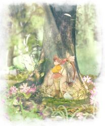 1girl arms_behind_back boots bow brown_boots bud closed_eyes closed_mouth commentary dappled_sunlight flower flower_wand footwear_flower forest furifuri_(panel_de_pon) grass hair_bobbles hair_bow hair_ornament holding holding_wand knee_boots lip_(panel_de_pon) long_hair looking_up low-tied_long_hair mini_person minigirl nature outdoors panel_de_pon pink_bow pink_flower pink_skirt ponytail primrose_(flower) puffy_short_sleeves puffy_sleeves rabbit shimadai587779 shirt short_sleeves sitting skirt smile standing sunbathing sunlight tree very_long_hair wand yellow_shirt