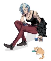 1girl arm_tattoo belt black_belt black_choker black_jacket black_tank_top blue_eyes blue_hair breasts cat choker cleavage commentary_request ear_piercing earrings finger_tattoo highres holding holding_milk_carton invisible_chair jacket jeonjin_(mynamebazin) jewelry korean_commentary medium_breasts milk_carton necklace original pants piercing pouring red_pants ring shoulder_tattoo sitting tank_top tattoo