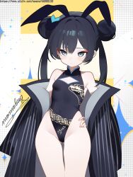 1girl absurdres animal_ear_hairband animal_ears black_hair black_leotard blue_archive blue_eyes breasts chinese_clothes closed_mouth commentary covered_navel cowboy_shot double_bun fake_animal_ears gluteal_fold hair_bun hairband highres kisaki_(blue_archive) leotard long_hair momobug22 rabbit_ear_hairband rabbit_ears small_breasts thick_thighs thighs twintails