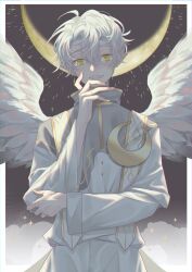 1boy angel_wings cowboy_shot cross cross_earrings double-parted_bangs earrings green_eyes hair_between_eyes hand_on_own_face highres jewelry looking_at_viewer male_focus moon open_mouth original purimo_(xxxmofmof) ring robe short_hair slit_pupils smile solo white_hair white_robe wings yellow_nails
