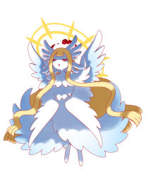 1girl absurdly_long_hair blonde_hair blunt_bangs closed_eyes colored_skin creatures_(company) fakemon female_focus full_body game_freak gigantamax halo highres long_hair muguet nintendo official_style open_mouth original pokemon sidelocks simple_background smoke solo underlighting very_long_hair white_background white_skin wings