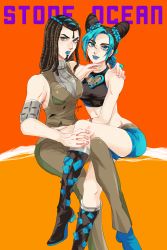 2girls bare_shoulders blue_eyes blue_hair blue_lips boots braid cone_hair_bun crop_top double_bun dreadlocks ermes_costello hair_bun highres jojo_no_kimyou_na_bouken knee_boots kogatarou kuujou_jolyne lipstick makeup midriff multicolored_hair multiple_girls shorts sleeveless sleeveless_turtleneck stone_ocean turtleneck two-tone_hair
