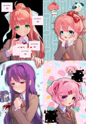 4girls absurdres blazer blood blood_splatter blue_eyes blush bow brown_hair candy chibi collared_shirt cow death doki_doki_literature_club food frown glitch green_eyes grin hair_bow hair_intakes hair_ornament hair_ribbon hairclip hand_on_own_chest hands_on_own_cheeks hands_on_own_face highres ice_cream jacket knife long_hair long_sleeves looking_at_viewer looking_to_the_side macaron monika_(doki_doki_literature_club) multiple_girls natsuki_(doki_doki_literature_club) neck_ribbon noose open_mouth pink_eyes pink_hair ponytail purple_eyes purple_hair ribbon sayori_(doki_doki_literature_club) school_uniform shirt short_hair smile suicide two_side_up upper_body vomiting wrapped_candy yuiitsu yuri_(doki_doki_literature_club)