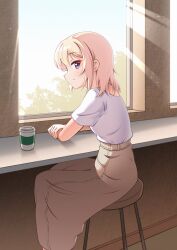 1girl bang_dream! bang_dream!_it&#039;s_mygo!!!!! blonde_hair brown_skirt closed_mouth commentary cup disposable_cup highres indoors jiwon_(sj1) looking_at_viewer medium_skirt misumi_uika purple_eyes shirt short_sleeves sidelocks sitting skirt solo white_shirt
