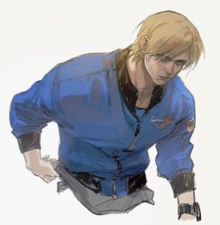 Rule 34 | 1boy, absurdres, blonde hair, blue eyes, blue jacket, clothes pull, collared jacket, commentary, cropped arm, cropped legs, grey pants, hand up, highres, jacket, jianghesongmu, leon s. kennedy, looking ahead, male focus, pants, parted lips, partially unzipped, resident evil, resident evil 2, resident evil 4, resident evil 4 (remake), serious, simple background, sketch, sleeve cuffs, solo, watch, white background, wristwatch, zipper pull tab