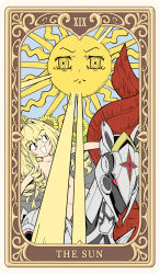 1girl ahoge blonde_hair card_(medium) character_request check_character commentary_request completely_nude convenient_censoring crown_(nikke) drill_hair flower goddess_of_victory:_nikke highres light_censor light_rays long_hair navel nude open_mouth roman_numeral sun sunflower syope tarot the_sun_(tarot) very_long_hair