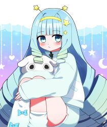 Rule 34 | 1girl, absurdres, blue bow, blue eyes, blue hair, blue jacket, blunt bangs, blush, bow, bow legwear, closed mouth, commentary request, commission, crescent, drill hair, feet out of frame, green shorts, hair ornament, hairband, heart, highres, jacket, jelly hoshiumi, knees up, long hair, long sleeves, looking at viewer, phase connect, shorts, sitting, skeb commission, socks, solo, star (symbol), star hair ornament, stuffed toy, virtual youtuber, white socks, yellow hairband, you (noanoamoemoe), zipper