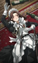 apron asterisk_kome black_dress bottle brown_hair carpet closed_eyes dress frilled_apron frills gina_wallace gloves heroes_of_order highres lying maid maid_apron maid_headdress medal on_back sheath sleeping solo sword waist_apron weapon white_apron wine_bottle wrist_cuffs