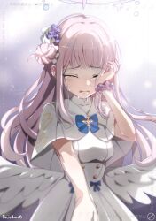 1girl blue_archive blue_bow blush bow capelet closed_eyes crying dress feathered_wings flower hair_bun hair_flower hair_ornament hair_scrunchie highres long_hair mika_(blue_archive) open_mouth pink_hair puchikun purple_flower purple_scrunchie scrunchie sidelocks single_side_bun solo streaming_tears tears white_capelet white_dress white_scrunchie wings wrist_scrunchie