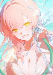 1girl :d absurdres bikini blue_archive blue_bikini braid breasts cleavage commentary_request ekubokayo grin hair_between_eyes hair_intakes hanako_(blue_archive) hanako_(swimsuit)_(blue_archive) highres holding holding_hose hose large_breasts looking_at_viewer open_mouth pink_hair shirt smile solo spraying swimsuit teeth water white_shirt yellow_eyes