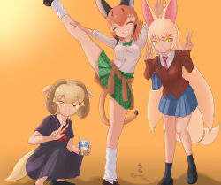 3girls absurdres alternate_costume animal_ears bag black_hair black_shirt black_shoes black_skirt black_socks blue_skirt bow bowtie brown_shoes brown_sweater caracal_(kemono_friends) cat_ears cat_girl cat_tail closed_eyes clothes_around_waist collared_shirt double_v extra_ears fox_ears fox_girl fox_tail green_bow green_bowtie green_skirt hair_between_eyes highres horns kemono_friends loafers long_hair long_sleeves loose_socks milk_carton multicolored_hair multiple_girls neckerchief necktie nokemono-san_(bocchi_friend) oinari-sama_(kemono_friends) orange_eyes orange_hair plaid_clothes plaid_necktie plaid_skirt pleated_skirt red_neckerchief red_necktie sailor_collar school_bag school_uniform serafuku sheep_(kemono_friends) sheep_ears sheep_girl sheep_horns sheep_tail shirt shoes short_hair short_sleeves sidelocks skirt socks split standing standing_on_one_leg standing_split sweater sweater_around_waist t-shirt tail v white_hair white_shirt white_socks yellow_eyes