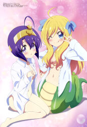 2girls absurdres bare_legs barefoot blonde_hair blue_eyes bottomless breasts dress_shirt full_body highres jashin-chan jashin-chan_dropkick jin_x103 long_hair looking_at_viewer magazine_scan medium_breasts medium_hair medusa_(jashin-chan_dropkick) megami_magazine monster_girl multiple_girls naked_shirt navel no_bra official_art one_eye_closed open_clothes open_shirt purple_eyes purple_hair scan shirt sitting snake_girl snake_tail tail v white_shirt