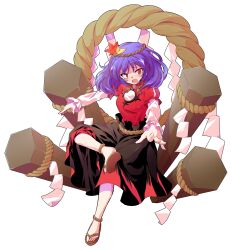Rule 34 | 1girl, alphes (style), anklet, commentary request, crossed legs, dairi, full body, hair ornament, highres, jewelry, leaf, leaf hair ornament, long skirt, looking at viewer, maple leaf, onbashira, outstretched arms, parody, purple hair, red eyes, rope, sandals, shimenawa, sitting, skirt, smile, solo, style parody, tachi-e, touhou, transparent background, tunic, yasaka kanako