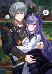 1boy 1girl :t ^_^ black_shirt blue_sealad bow bowtie center_frills closed_eyes denim denim_jacket drill_hair frills gem grey_hair hairband hetero highres hug jacket long_hair mole mole_under_eye pointy_ears purple_bow purple_bowtie purple_gemstone purple_hair purple_hairband shirt short_hair shrug_(clothing) sideboob_cutout smile twin_drills vivian_banshee white_shrug wise_(zenless_zone_zero) zenless_zone_zero