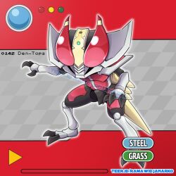 Rule 34 | armor, character name, commentary, compound eyes, creatures (company), english commentary, fusion, game freak, gen 1 pokemon, highres, kabutops, kamen rider, kamen rider den-o, kamen rider den-o (series), nintendo, pokedex, pokedex number, pokemon, ramawidjanarko2, red armor, red eyes, solo, watermark