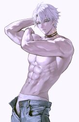 Rule 34 | 1boy, abs, absurdres, antenna hair, biceps, black choker, blue eyes, choker, cowboy shot, denim, hashtag-only commentary, hibiwa, highres, honkai: star rail, honkai (series), jeans, looking at viewer, male focus, male underwear, male underwear peek, neck tattoo, open fly, pants, parted bangs, phainon (honkai: star rail), short hair, solo, sun symbol, sun tattoo, tan, tattoo, toned, toned male, topless male, underwear, white hair