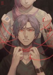 1boy 1girl black_shirt bracelet brown_hair collarbone driftwoodwolf hand_up head_out_of_frame jewelry junpei_(kyokugen_dasshutsu) kyokugen_dasshutsu long_sleeves kurashiki_akane red_eyes ring shirt strangling string string_of_fate sweater teeth upper_body v-neck zero_escape:_toki_no_dilemma