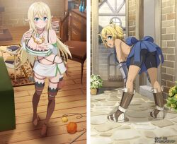 aria_(beheneko) ass bent_over blonde_hair blue_eyes breasts cat cleavage crossover large_breasts long_hair looking_at_viewer official_art peter_grill_to_kenja_no_jikan pointy_ears s-rank_monster_no_&quot;behemoth&quot;_dakedo_neko_to_machigawarete_elf_musume_no_pet_toshite_kurashitemasu smile underboob vulcan_(beheneko)
