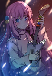 1girl absurdres blue_eyes blush bocchi_the_rock! closed_mouth commentary cube_hair_ornament english_commentary gotoh_hitori guitar guitar_hero hair_between_eyes hair_ornament hair_spread_out hand_up highres hinghoi holding holding_instrument instrument jacket light_particles long_hair long_sleeves looking_at_viewer motion_blur music one_side_up pink_hair pink_jacket playing_instrument serious sidelighting sidelocks solo upper_body v-shaped_eyebrows very_long_hair
