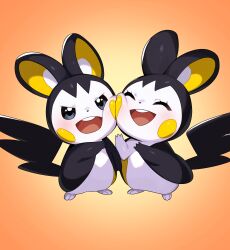 ^_^ absurdres animal_focus blue_eyes blush blush_stickers buck_teeth cheek-to-cheek closed_eyes drunkoak emolga full_body gen_5_pokemon happy heads_together highres nintendo no_humans open_mouth orange_background pokemon pokemon_(creature) simple_background smile standing symmetry teeth v-shaped_eyebrows