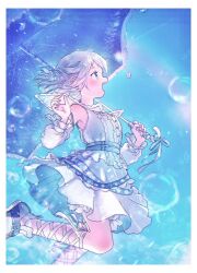 Rule 34 | 1 z 9, 1girl, artist name, blue ribbon, blush, braid, bubble, commentary request, detached sleeves, dress, frilled dress, frills, from side, gakuen idolmaster, grey hair, hair ribbon, hajime (idolmaster), highres, holding, holding umbrella, idolmaster, katsuragi lilja, leg up, open mouth, ribbon, ribbon braid, shoes, short hair, solo, umbrella, white dress