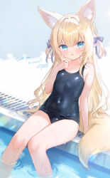 Rule 34 | 1girl, animal ear fluff, animal ears, black one-piece swimsuit, blonde hair, blue eyes, breasts, commentary request, commission, covered navel, fox ears, fox girl, fox tail, hand up, highres, long hair, looking at viewer, old school swimsuit, one-piece swimsuit, open mouth, original, pointy ears, school swimsuit, sese nagi, sitting, small breasts, soaking feet, solo, swimsuit, tail, wet
