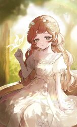 Rule 34 | 1girl, absurdres, blush, brown hair, bug, butterfly, day, dress, earrings, freckles, green eyes, hair ornament, hand up, hell fuuna, highres, identity v, insect, jewelry, long hair, memory (identity v), outdoors, pale skin, short sleeves, sitting, solo, white butterfly, white dress