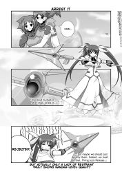 Rule 34 | 00s, 3girls, = =, bodysuit, comic, dieci (nanoha), english text, facial mark, fingerless gloves, gloves, greyscale, hard-translated, jacket, lyrical nanoha, magazine (weapon), magic circle, magical girl, mahou shoujo lyrical nanoha, mahou shoujo lyrical nanoha strikers, mikage takashi, monochrome, multiple girls, numbers (nanoha), open clothes, open jacket, quattro (nanoha), raising heart, raising heart (exceed mode), shoes, takamachi nanoha, takamachi nanoha (exceed mode), third-party edit, translated, twintails, white devil, winged footwear, wings