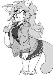 1girl :3 animal_ear_fluff animal_ears breasts cat_ears cat_girl cat_tail commentary_request fang feet_out_of_frame fun_bo furrification furry greyscale highres kasukabe_tsumugi large_breasts long_hair looking_at_viewer miniskirt monochrome necktie open_mouth plaid_clothes plaid_skirt pleated_skirt simple_background skirt smile solo tail voicevox
