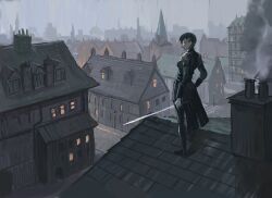 1girl architecture arm_at_side armband black_armband black_boots black_corset black_hair black_pants black_shirt black_sleeve_cuffs boots breasts building chimney city cityscape coattails collared_shirt commentary corset drawpile_(medium) english_commentary epaulettes fog from_side gloves hair_ornament hairclip hairpin half-closed_eyes hand_on_own_hip holding holding_sword holding_weapon horizon legs_apart long_sleeves looking_afar medium_breasts military_uniform multiple_hairpins no_mouth on_rooftop original pants profile road rooftop shirt short_hair sketch smog smoke solo standing street sword tile_roof v-shaped_eyebrows vertigris weapon white_gloves
