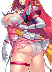 144_(riesztan) 1girl :o ass ass_focus blush breasts choukou_(alicesoft) choukou_tenshi_escalayer cleavage dress elbow_gloves escalayer gloves hair_ribbon head_out_of_frame highres kouenji_sayuka large_breasts long_hair magical_girl open_mouth panties pantyshot pink_dress pink_skirt pleated_skirt puffy_sleeves red_hair ribbon shiny_skin short_dress short_sleeves simple_background skindentation skirt solo standing thick_thighs thigh_strap thighs twisted_torso underwear upskirt white_background white_gloves white_panties