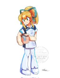 1girl blonde_hair blush full_body green_eyes high_ponytail highres long_hair mega_man_(classic) mega_man_(series) pants ponytail roll_(mega_man) shirt simple_background solo srnhuyuno watermark white_background white_pants white_shirt