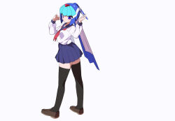 Rule 34 | 1girl, alternate costume, black thighhighs, blue eyes, blue helmet, blue skirt, brown shoes, fairy leviathan (mega man), fins, from behind, full body, head fins, helmet, kaidou zx, looking at viewer, looking back, mega man (series), mega man zero (series), neckerchief, pleated skirt, red neckerchief, school uniform, shirt, shoes, simple background, skirt, solo, thighhighs, white background, white shirt