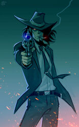 1boy beard black_necktie cigarette closed_mouth commentary facial_hair formal_clothes glowing glowing_eye gun hat hat_over_one_eye holding holding_gun holding_weapon jigen_daisuke long_sleeves looking_at_viewer lupin_iii male_focus maxkennedy medium_hair mouth_hold necktie one_eye_covered shirt sideburns signature smoke solo suit tie_clip weapon white_shirt