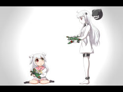 10s 2girls abyssal_ship ahoge aircraft airplane colored_skin commentary_request dress enemy_aircraft_(kancolle) floatplane hair_ribbon heterochromia holding horns kantai_collection long_hair mittens multiple_girls northern_ocean_princess original red_eyes ribbon school_uniform seaplane serafuku sitting toy_airplane two_side_up wariza white_dress white_hair white_skin yukimi_unagi