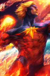 Rule 34 | 1boy, abs, artist name, biceps, blonde hair, blue bodysuit, blue mask, blurry, blurry background, bodysuit, bracelet, burning, captain marvel, clenched hand, closed mouth, commentary, covered abs, earth (planet), english commentary, fire, flaming hand, hand up, highres, jewelry, light particles, looking to the side, male focus, mar-vell, marvel, mask, meteor, multicolored bodysuit, muscular, muscular male, official art, pectorals, planet, raised fist, red bodysuit, short hair, signature, sky, solo, space, stanley lau, star (sky), star (symbol), starry sky, superhero costume, textless version